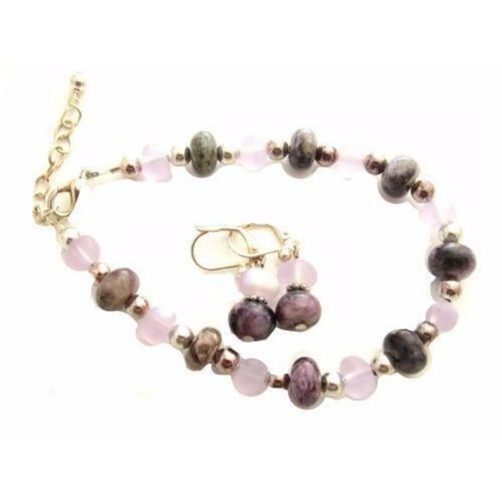 Purple Amethyst & Glass Beaded Artisan Silver Bracelet &‎ Lever Back Earring Set